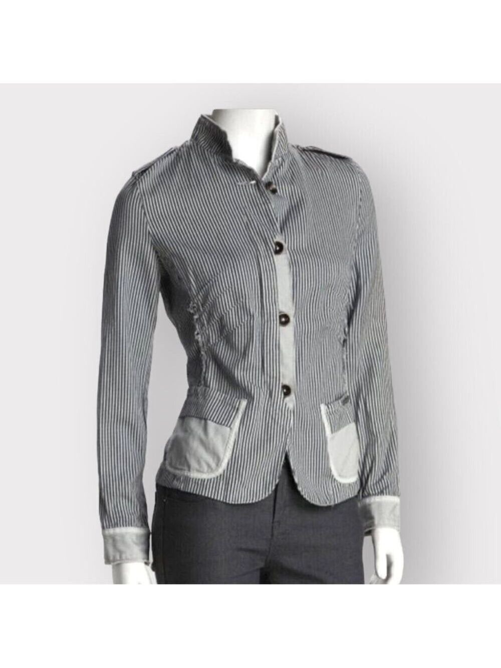 Desigual Charcoal Londres Blazer Jacket Womens Size 38 S Striped Raw Edge Cotton